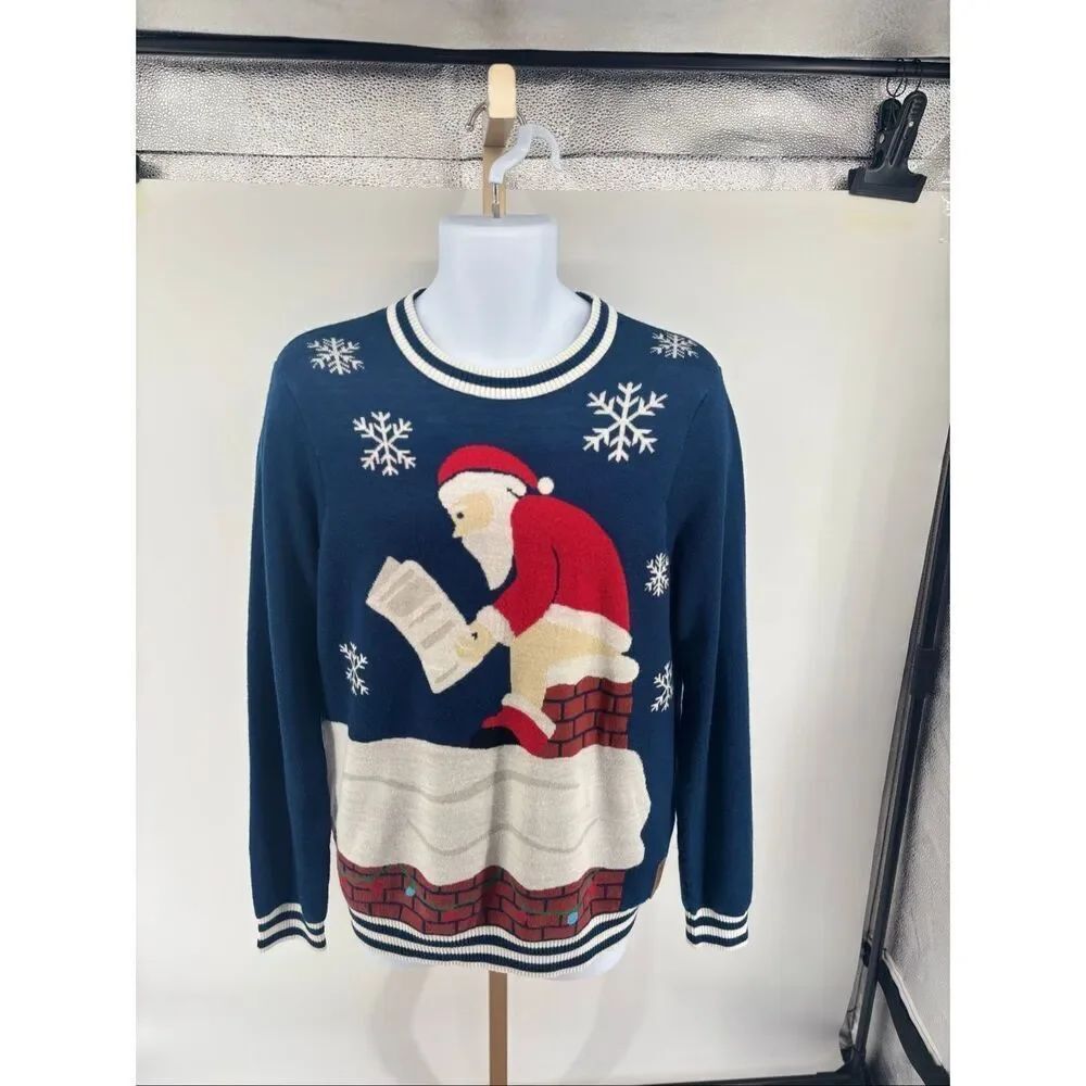 Tipsy Elves Men’s Santa’s Log On The Fire Blue Ugly Christmas Sweater Large